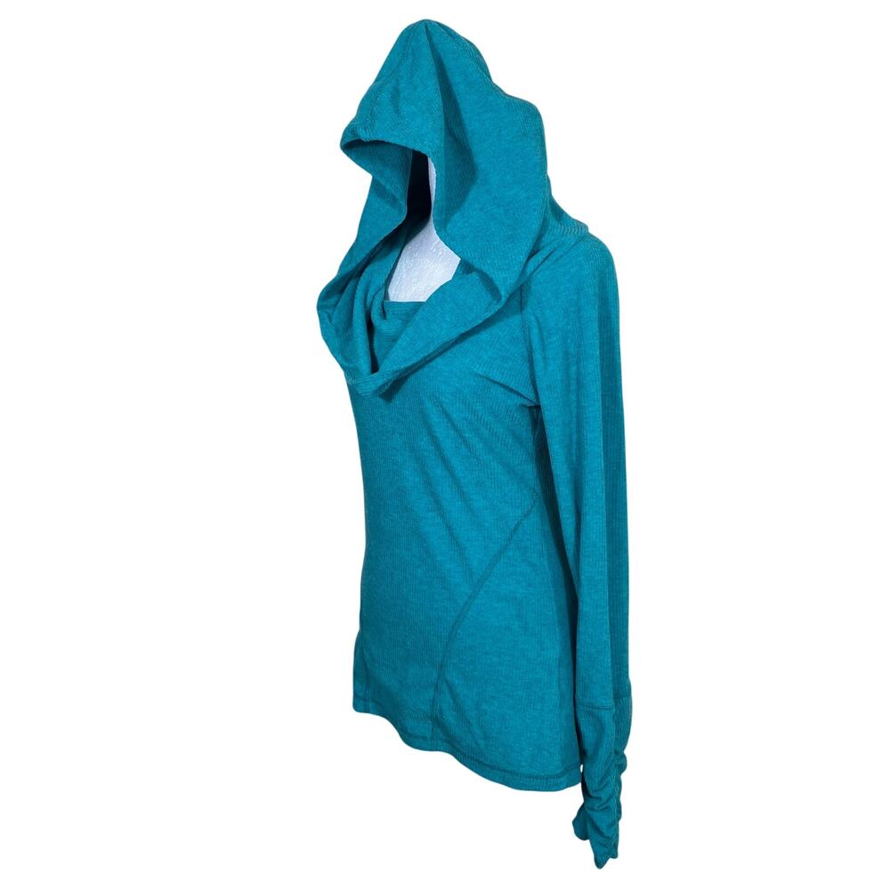 Kuhl Women's Sz S Kamryn Teal Blue Ribbed Ruched Cowl Neck Hooded Pullover - Picture 8 of 16
